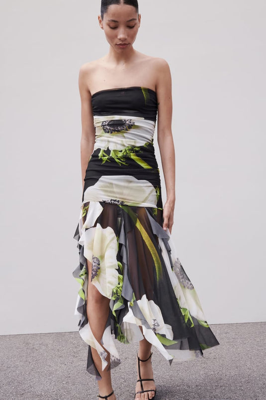 Jupe Midi Plissée en Tulle à Motif Floral Gardenia
