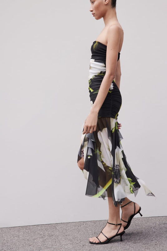 Jupe Midi Plissée en Tulle à Motif Floral Gardenia