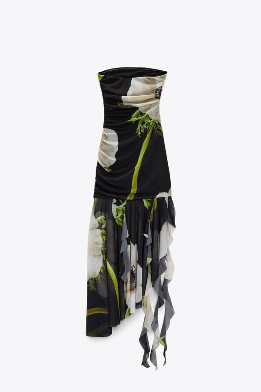 Jupe Midi Plissée en Tulle à Motif Floral Gardenia