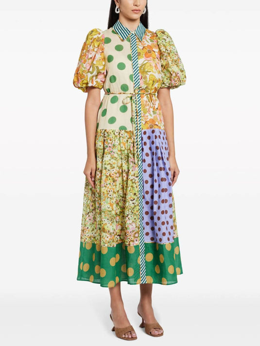 Exquise Robe Midi à Manches Bouffantes avec Imprimé Floral Rétro