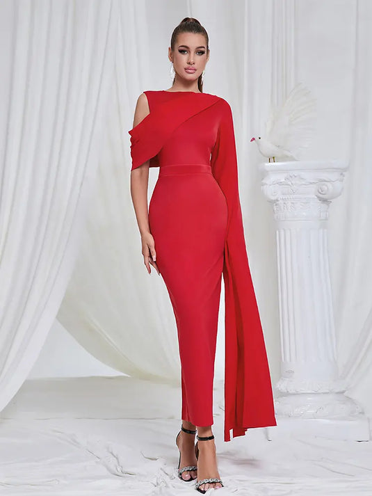 Asymmetrical Evening Dress with Shoulder Slit