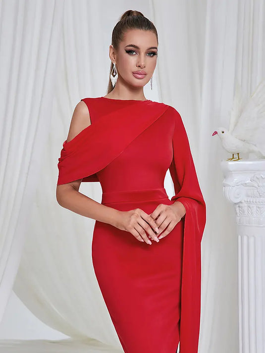 Asymmetrical Evening Dress with Shoulder Slit