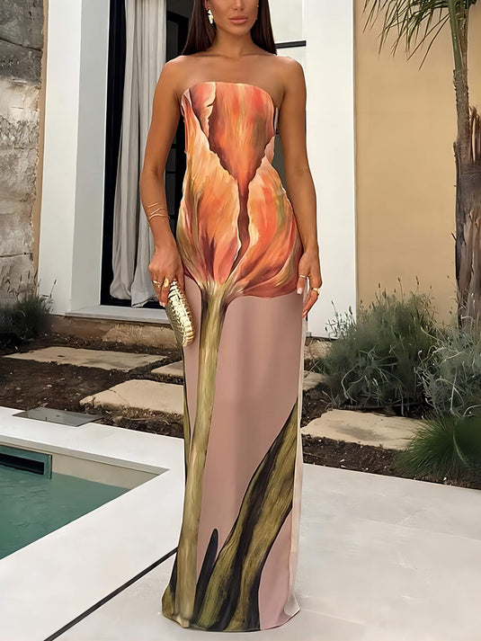 Robe Maxi Décontractée Sans Manches Off-Shoulder au Motif Graffiti Chic
