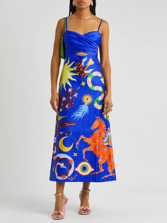 Robe Midi Sans Manches en Satin Imprimée - Élégance Sexy d'Été