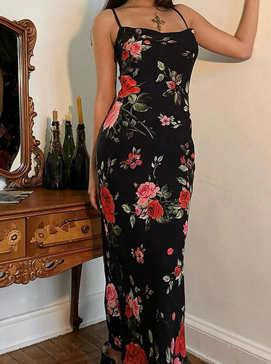 Robe Maxi à Bretelles Spaghetti avec Imprimé Floral