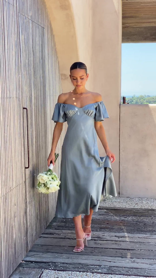 Robe Midi à Fente Latérale avec Manches Volantes Off-Shoulder