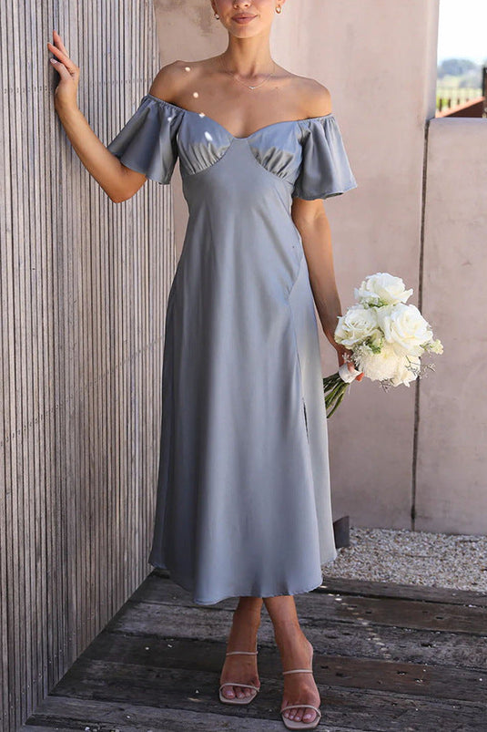 Robe Midi à Fente Latérale avec Manches Volantes Off-Shoulder