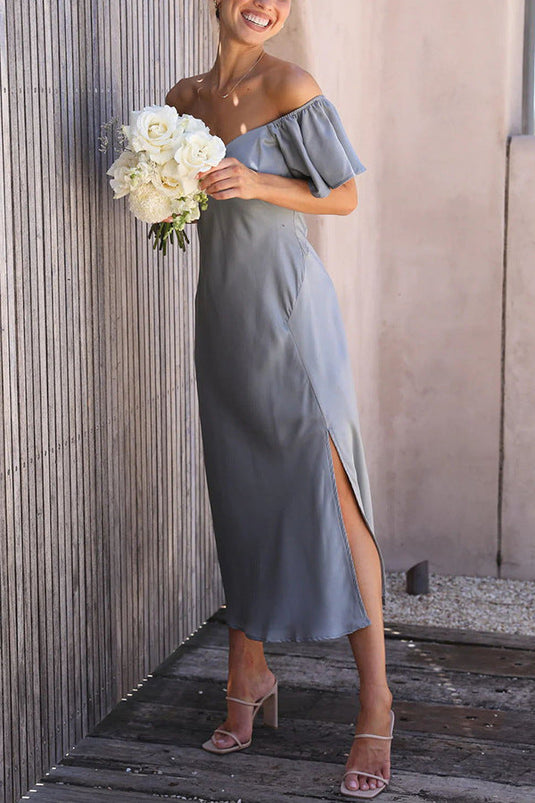 Robe Midi à Fente Latérale avec Manches Volantes Off-Shoulder