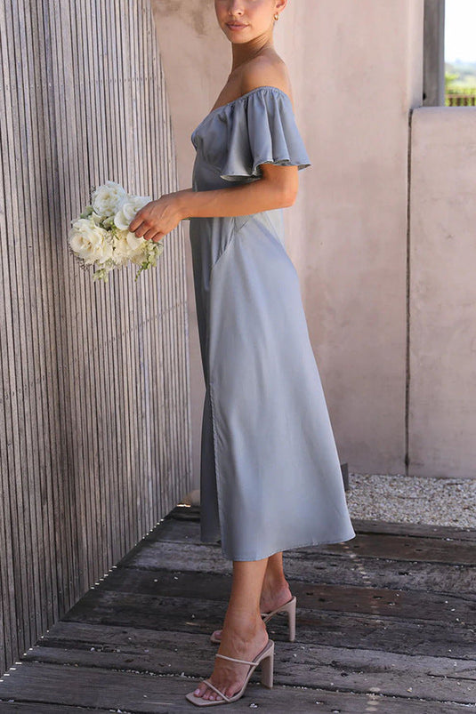 Robe Midi à Fente Latérale avec Manches Volantes Off-Shoulder