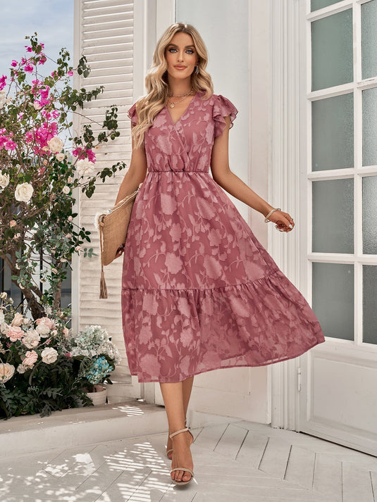 Robe Midi A-Ligne Rebecca à Col V avec Manches Volantes Florales