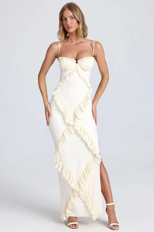 Maxi Robe Fendue avec Volants Plissés