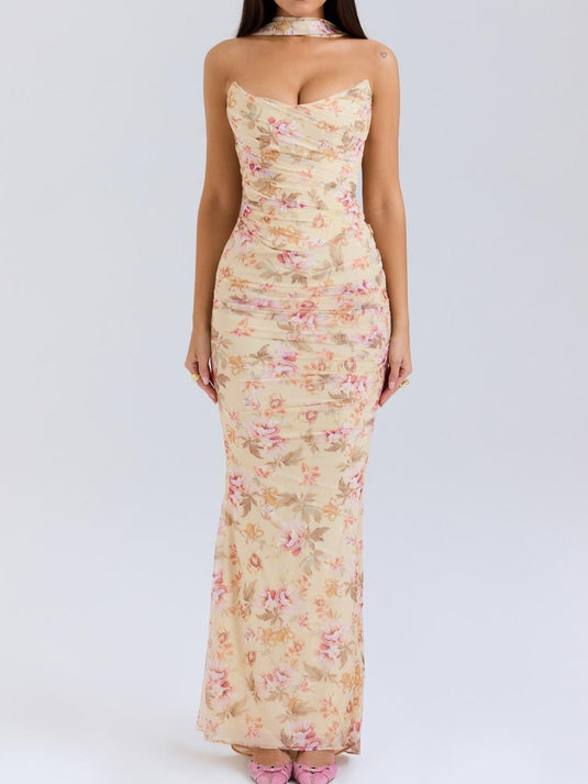 Débardeur Floral Sans Manches avec Jupe Taille Haute et Nœud