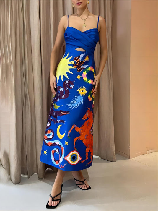 Robe Midi Sans Manches en Satin Imprimée - Élégance Sexy d'Été