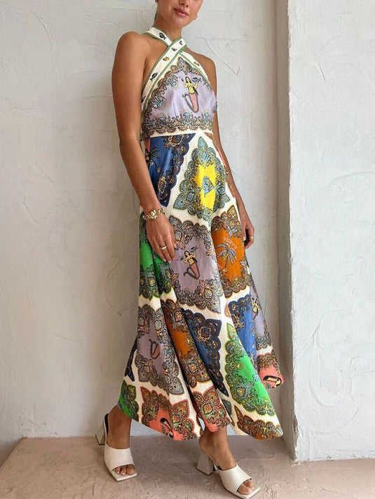Maxi Robe Satinée à Motif Paisley Floral