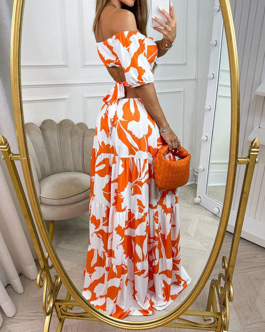 Maxi robe imprimée à épaules dénudées avec découpes
