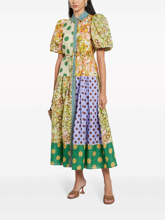 Exquise Robe Midi à Manches Bouffantes avec Imprimé Floral Rétro
