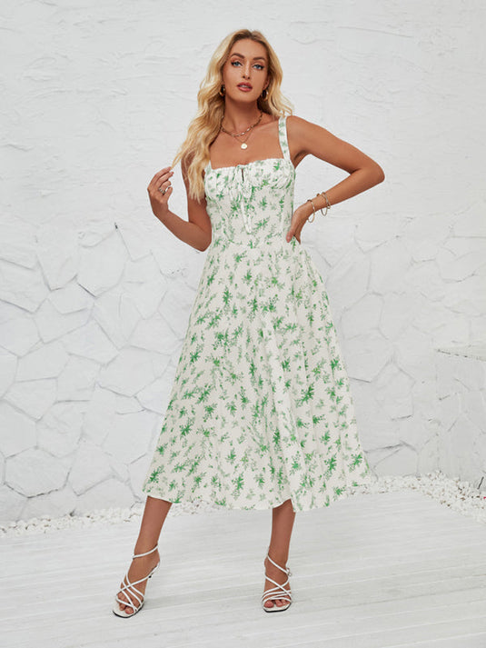 Robe d'été sans manches à fleurs midi avec fente